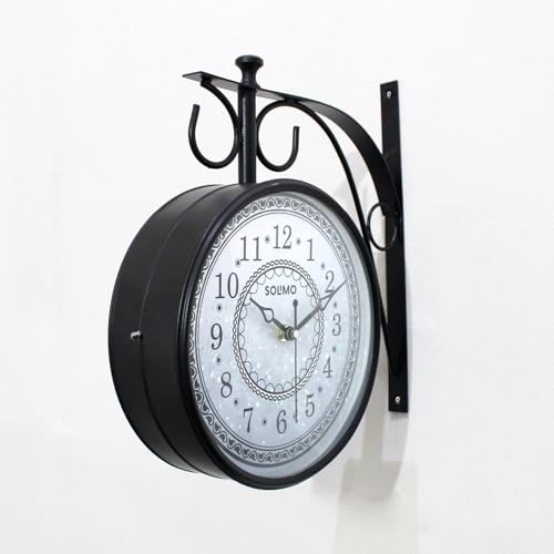 Image of Amazon Brand - Solimo Double Sided Vintage Station Wall Clock, one Side Roman and Other Side Numeral dial (8 Inches, Black) Metal, Analog