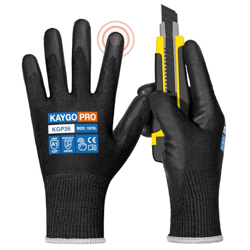 KAYGO Work Gloves PU Coated Cut Resistant Touchscreen 12 Pairs, KGP26B, ANSI Cut Level A1 Safety Working Gloves with Grip, Ideal for Warehouse Construction Carpentry Gardening (X-Large, Black)