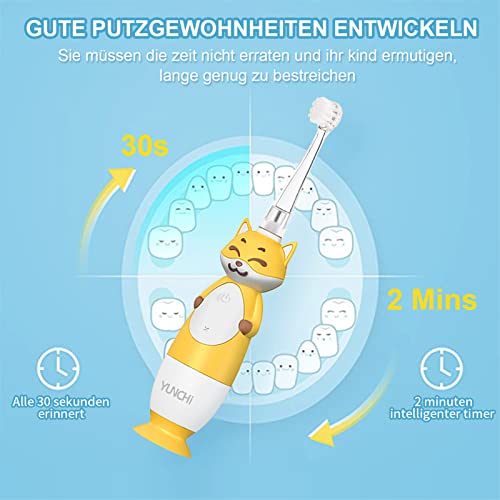 YUNCHI Elektrische Zahnbürste Kinder 0-6 Jahre mit weiß LED Licht, Smart Timer, Batteriebetrieben Baby Zahnbürste mit 4 weiche Ersatzbürstenköpfen, IPX7 Wasserdicht YC-K3 (Gelb Fuchs) – Bild 5