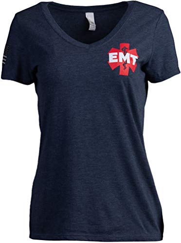 EMT AEMT Star Life | Medical Paramedic Ambulance Emergency for Women s V-Neck T-Shirt-(Vneck,S) Navy Blue