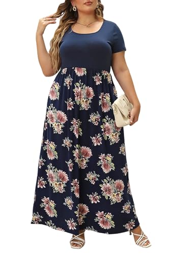Nemidor Plus Size Maxi Dresses for Curvy Women Casual Summer Short Sleeve Chevron Print Long Dress with Pocket 14-26