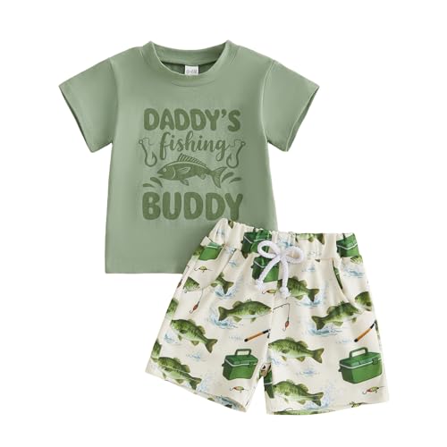 Bagilaanoe Toddler Summer Clothes Baby Boy Short Sleeve T-Shirt and Shorts Daddy’s Fishing Buddy Outfit 2PCS Set (Light Green, 18-24 Months)