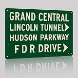 Vintage Green Highway Direction Aluminum Metal Sign 8X12in Wall Decor with Grand Central Lincoln Tunnel Hudson Parkway FDR Drive Guide