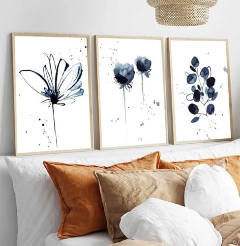 Art mural sur toile de qualité supérieure | Fleurs aquarelle bleu minimaliste