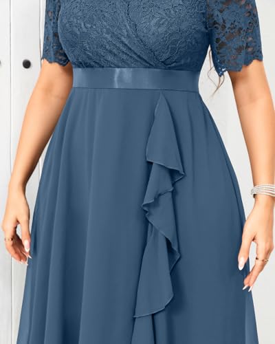 Image of Talisea Plus Size Wedding Guest Dress - Formal Cocktail Party Ruffle Elegant Tea Length Lace Chiffon V Neck Midi Dresses
