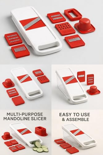 Image of Multifunctional 6 in 1 Vegetable Slicer, Mandoline Vegetable Chopper with Container, Red and White, Multi-Blade Slicer Dicer Grater Set, Kitchen Food Prep Tool