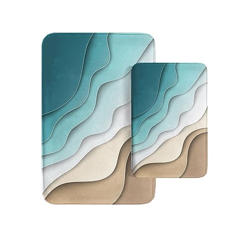 Britimes Bathroom Rug Mat Set of 2, 16x24 + 20x32 Inch, Beach Waves Green