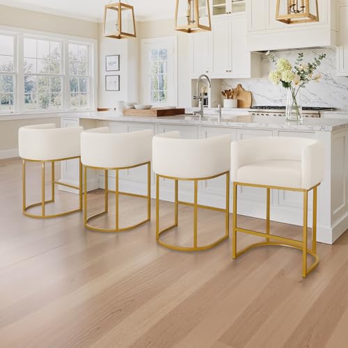 Image of LUE BONA Counter Height Bar Stools Set of 4, Modern Barrel Counter Stools with Backrest and Arms, Gold Metal Frames, Linen Fabric Upholstered Accent Barstools for Kitchen Island, Beige