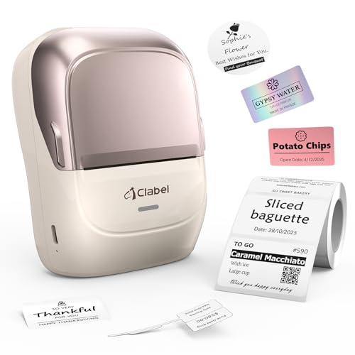 Image of CLABEL Label Maker Machine with Tape, 221B Thermal Bluetooth Label Printer 2 Inch Portable Barcode Inkless Sticker for Small Business, Retail Office,Office, Home, Came with 1 Roll Label, (Pink Gold)