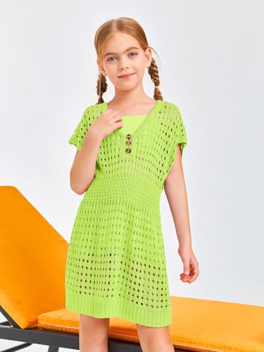 Image of Haloumoning Girls Crochet Swim Beach Cover Up Kids Fashion Button Short Sleeve Swimsuits Cover Ups 5-14 Years