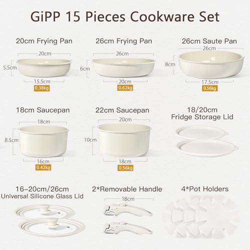 Image of GiPP Ceramic Pots and Pans Set Non Stick, Nonstick Detachable Handle Cookware Sets, Healthy Non Toxic PFAS PFOA & PTFE Free, Dishwasher &Oven Safe, Induction Kitchen Pot and Pan, 15 Piece Cream