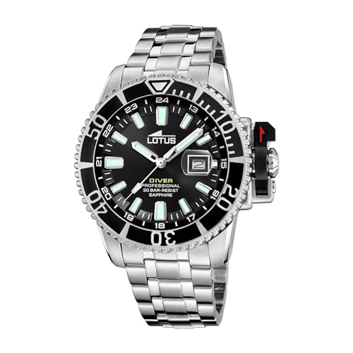 LOTUS Montre Homme Analogique Acier INOX 316L Argent - Quartz - Calendrier - Verre Saphir Résistant - Étanche 30 ATM 18938/4 Diver