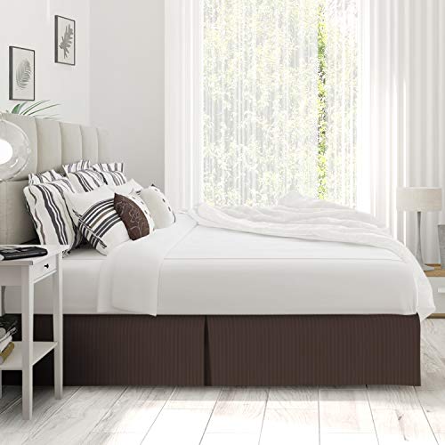 Image of Nestl Full Size Bed Skirt - Damask Dobby Stripe Wrap Around Bed Skirt Full Size - Double Brushed Microfiber 14 in Tailored Drop Pleated Bed Ruffle with Bed Skirt Pins - Brown