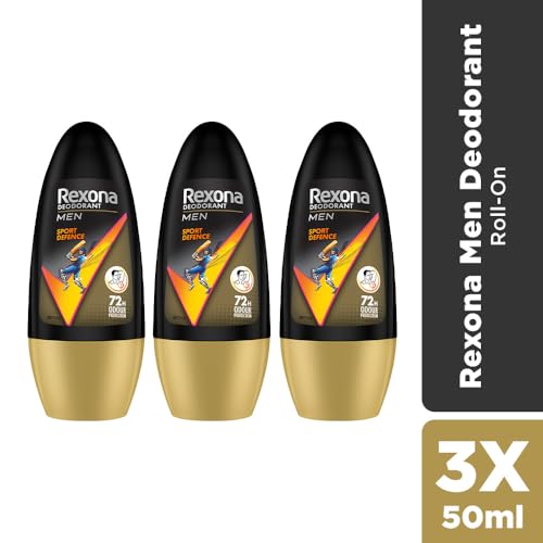 Image of Rexona Men Sport Defence Underarm Roll-On Deodorant | 72 Hours Odour Protection with Fresh Masculine Scent | 0% Alcohol, Safe on Skin | 50 ML (Pack of 3)