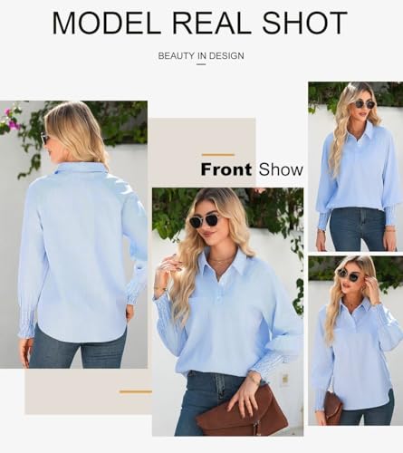 Astylish Women 2025 Fine Striped Smocked Cuffed Henley Shirts Long Sleeve Collared Blouse Tops with Pocket4