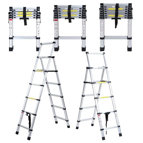 Fiqops Échelle télescopique en aluminium - 4 + 5 marches - Cadre A - Multifonction - 1,4 m + 1,7 m - Pour réparations de toit