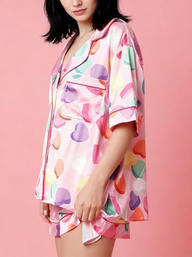 Image of Yiulangde Valentine Candy Heart Silk Pajamas Lounge Satin Short Pajama Set for Women 2 Piece Y2k Long Sleeve Pj Shorts Outfit Sleepwear