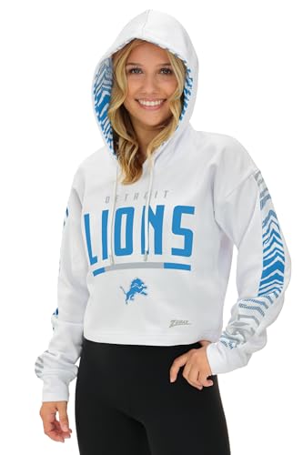 Zubaz NFL Womens White Team Graphic Crop Top Hoodie with Ombre Zebra Sleeves and Hood Liner - Detroit Lions Medium