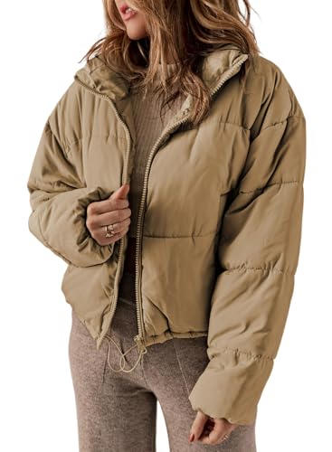 Dokotoo Womens Puffer Jackets Winter Clothing for Women Cute Warm Winter Coats Oversized Stand Neck Full Zipper Up Drawstring Baggy Padded Jacket Coat Warm Comfy Soft Outerwear with Pockets Khaki M
