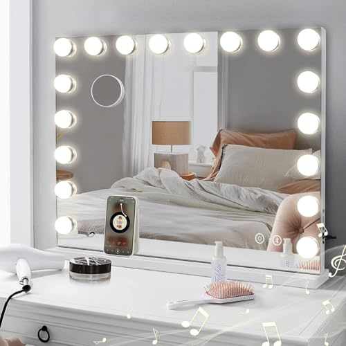 Fenair Vanity Mirror with Lights: 32x24 Large Lighted Makeup Mirror with Bluetooth Speaker Hollywood Mirror with 18 Dimmable Bulbs 3 Light Colors USB Charge Port Big Mirror for Table/Hanging
