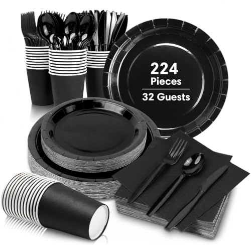 Lzerking Black Party Supplies Set 224 Pieces of Black Paper Plates Cups Napkins and Heavy Duty Plastic Spoons Forks Knives for 32 Guests for Birthday Graduation Wedding Festivals