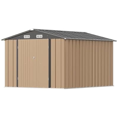 Greesum 8x10FT Outdoor Storage Shed, Metal Storaged Sheds with Lockable Doors, Sheds & Outdoor Storage for Bike, Backyard, Pool and Garden, Brown