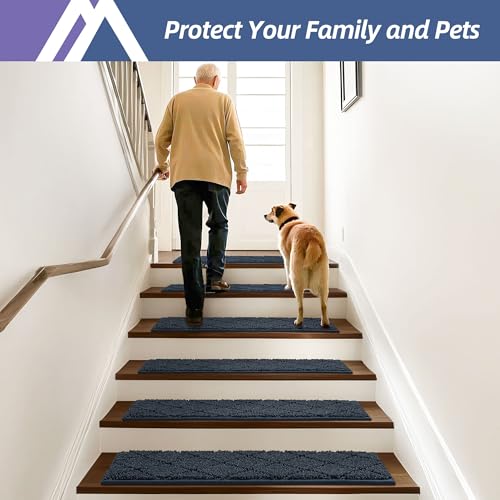 Image of COSY HOMEER Edging Stair Treads Non-Slip Carpet Mat 28inX9in Indoor Stair Runners for Wooden Steps, Edging Stair Rugs for Kids and Dogs, 100% Polyester TPE Backing (15pc, Navy)