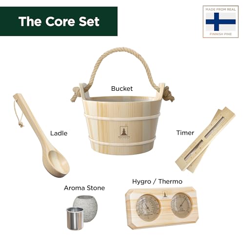Northwood Sauna - Sauna Accessories Kit - Handmade from Finnish Pine Wood - Core Set (Bucket & Ladle, Thermometer & Hygrometer, Sand Timer, Aromatherapy Cup)