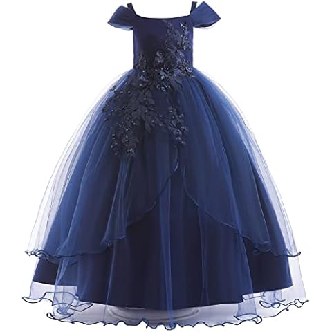 Weileenice Navy Blue Party Dress for Girls Off Shoulder Sequin Beads Girl Formal Pageant Birthday Wedding Party Lace Dress 6 7 Vintage Embroidery Kids Bridesmaid Daddy Daughter Dance Tulle Maxi Gown Cover