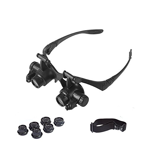 Onerbuy LED Iluminado Reloj Reparación Lupa Doble Ojos Joyería Lupa Lupa Gafas Visor Desgastado con 4 Lentes 10X 15X 20X 25X Cover