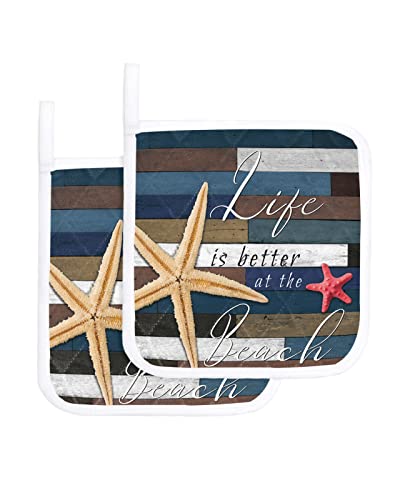 Kitchen Potholder Set Of 2,Ocean Starfish Blue Vintage Wood Board Pot Holders Heat Proof Hot Pad,Nautical Beach Brown Wooden Grain Potholders Washable Oven Hot Pads Terry Cloth For Cooking Baking #TOP14