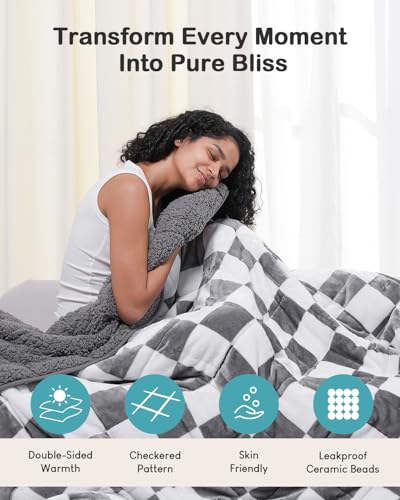 Image of Sherpa Weighted Blanket for Adults Queen Size 15 lbs, Dual Sided Heavy Blankets with Checkerboard Pattern, Ultra Soft Cozy Throw Blanket for Calming and Sleep, Plaid Grey, 48 inch x 72 inch