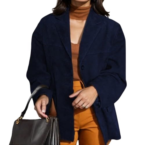 Women Casual Blazer Spring Faux Suede Long Sleeve Notched Lapel Jacket Suit Single Breasted Work Dressy Blazer Coat