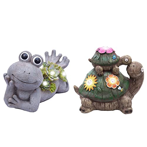 Teresa's Collections Garden Statues Value Bundle (2Pcs) Solar Light Frog Statues & Turtle Garden Sculptures Outdoor Figurines For Patio Lawn Yard Porch Decoration #TOP20