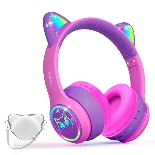 IFECCO Wireless Kids Headphones with Microphone,Foldable Cute Light Up Cat Ear Children Girls...