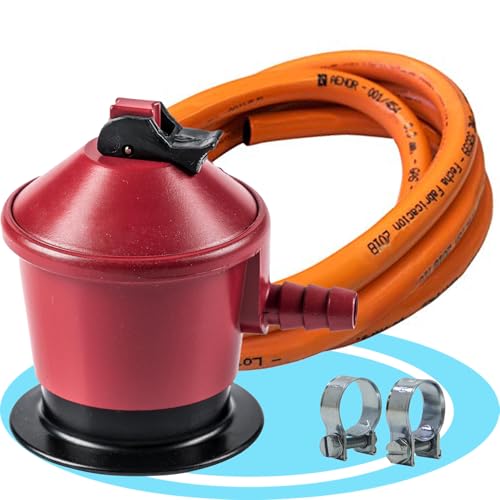 FlashPrix Regulador Gas Butano, GLP y propano, 50 mbar, Color Rojo + Manguera de Gas Butano de 1,5 MTS + 2 Abrazaderas