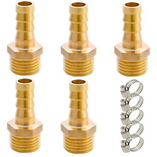 MEISO 5 Pièces Raccord Cannelé en Laiton pour Tuyau, Embout de Tuyau en Laiton G3/8" Mâle, Raccords Cannelés 3/8" BSP Mâle x 10 mm Adaptateur de Tube avec 5 Colliers de Serrage, Raccord Fileté
