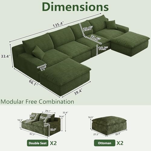 Image of 136 inch Cloud Couch Modular Sectional Sofa for Living Room, U-Shape Boneless Couch with Deep Seat, Modern Corduroy 4-Seater with Ottomans, No Assembly Required, Green
