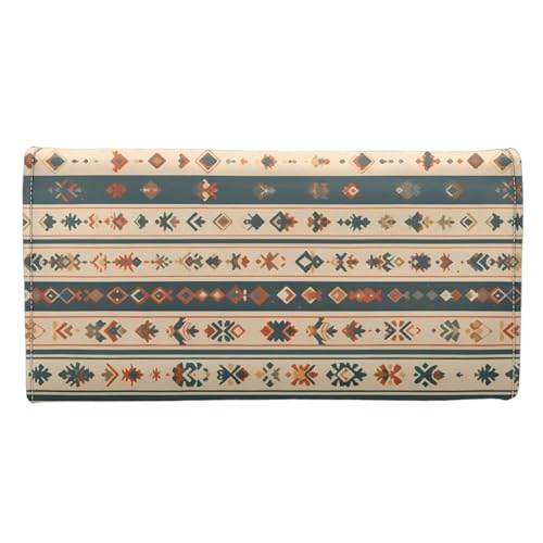Aztec Tribe Leather Trifold Wallet for Women, Boho Ethnic Card Holder Phone Organizer Southwestern Vintage Aesthetics Ladies Travel Purse, Clutch Organizer3