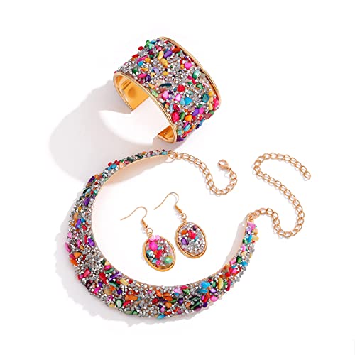 3pcs Colorful Stone Rhinestone Collar Gold Metal Necklace Sets For Women Bib Choker Collars Necklaces Jewelry Accessories4