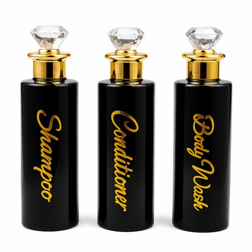 uMadeUs Shampoo and Conditioner Dispenser - Essentials Toiletry Bottles - Shower Refillable Shampoo and Body Wash Soap Pump Bottle – 3X 8oz Personal Gym Bag Size Containers - Black Diamond Round
