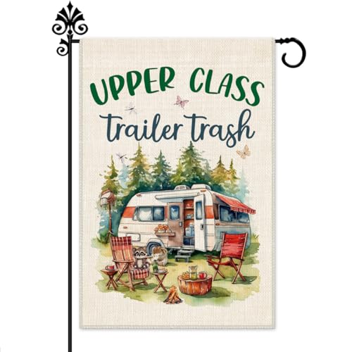 Hague Upper Class Trailer Trash Garden Flag, 12 x 18 Inch Double Sided Farmhouse Holiday Yard Garden Lawn Decoration Flag, Cute Raccoon Campsite Flag Gift for Camper, RV Camping Decoration Gift
