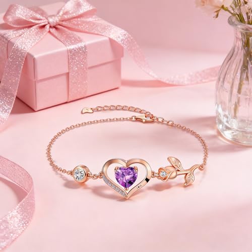 Image of 1CT Rose Heart Bracelet Moissanite Lab-Grown Sapphire Ruby Emerald&More 18K White Rose Gold Plated Anniversary Birthday Gift for Wife Girlfriend Mom Daughter Mothers Day Gift for Mom