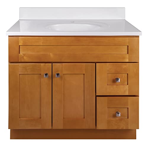Design House 598110 Shaker 2-Door 2-Drawer Bathroom Vanity With Cultured Marble Single Hole Solid White Top, Modern Birch, 2 Piece #TOP6