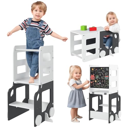 AIYAPLAY Torre de Aprendizaje Montessori 4 en 1 Taburete de Aprendizaje para Niños de +3 Años Convertible en Mesa y Silla con Pizarra de Doble Cara Barra de Seguridad 58x46x92 cm Blanco y Gris