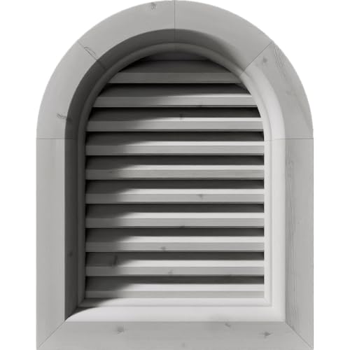 Rustic Wood Gable Vent w/Brick Mould Face Frame, 12"W x 20"H Round Top Gable Vent (17"W x 25"H Frame Size): Primed, Functional, Smooth Western Red Cedar