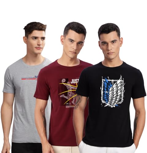 Image of ADRO 100% Cotton Lycra Tshirts for Men Combo Pack of 3 | Regular Fit | Printed T Shirt | Round Neck Half Sleeve| Mens Tshirts
