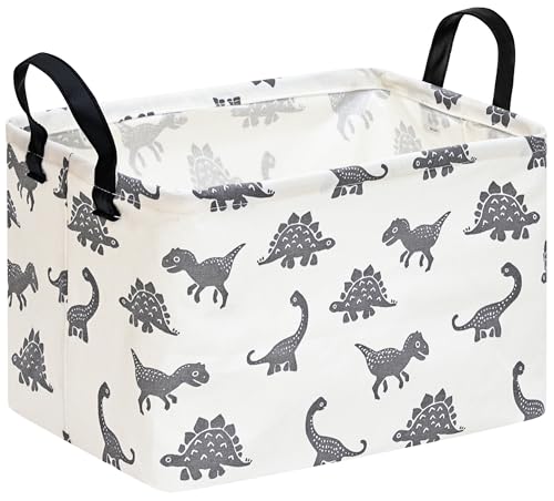 Image of Baby Storage Basket Nursery Box Laundry Hamper Organization Bins for Toys and Clothes with Handles (Grey Dinosaur)