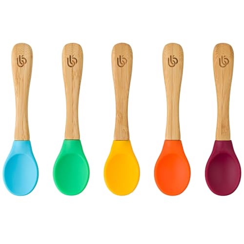 bamboo bamboo ® Lot de 5 Cuillères de Diversification pour Bébé | Bambou avec Embouts en Silicone Souple | Manches Ergonomiques à Prise Facile | Sans BPA...
