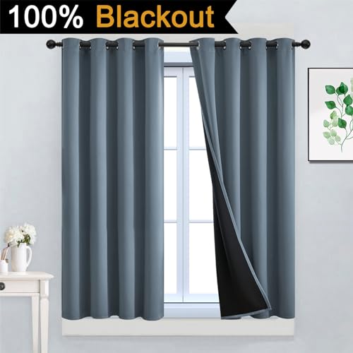 Image of Yakamok Stone Blue 100% Blackout Curtains 45 Inches Long 52 inch Wide 2 Panel | Blackout Curtain Panels for Bedroom, 2 Thick Layers Grommet Top Thermal Insulated Drapes with Black Liner for Living Room